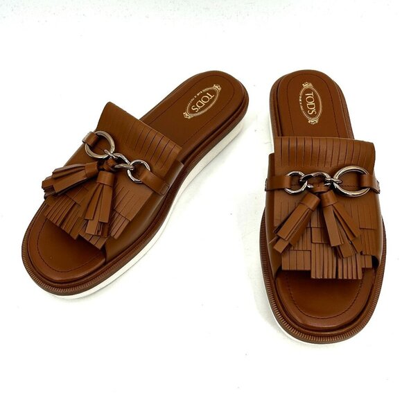 TOD'S Brown Cognac Leather Fringe Tassel Slip On Platform Sandals Shoes Size 10 - Picture 3 of 9